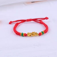 Handmake Knit Gold Pixiu Bead Adjustable Bracelet Red