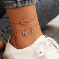 Inlay Rhinestone Butterfly Gold Anklet Purple