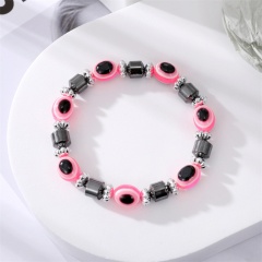 Evil Eye Beads With Obsidian Spacer Beads Handmake Elastic Bracelet Pink