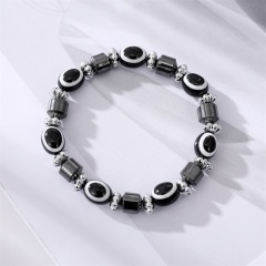 Evil Eye Beads With Obsidian Spacer Beads Handmake Elastic Bracelet Black