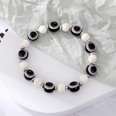 Turquoise Gemstone Space Evil Eye Beads Elastic Bracelet Black+White