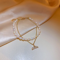 White Freshwater Pearl Gold Chain Bracelet 22+5cm Gold