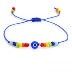 Colored Charm Beads Evil Eye Knit Adjustable Rope Bracelet With Silver Space Beads Blue