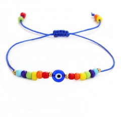 Colored Charm Beads Evil Eye Knit Adjustable Rope Bracelet With Gold Space Beads Blue