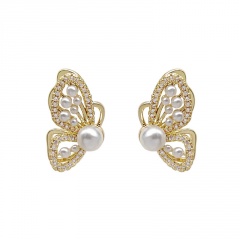 S925 Needle Copper Inlaid CZ With Pearl Butterfly Earrings Gold