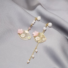 S925 Needle Copper Inlaid Shell Pearl Chinese Fan Earrings Gold