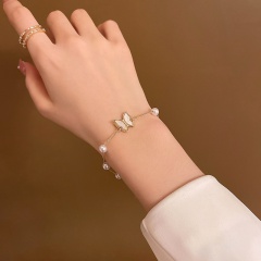 White Pearl With Butterfly Titanium Steel Bracelet 16+5cm Gold