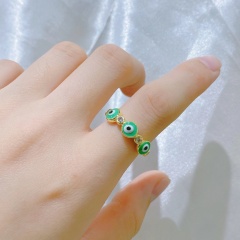 Copper Inlay CZ Evil Eye Gold Open Rings Green