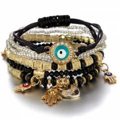 6PCS/Set Charm Beads With Evil Eye Inlaid Rhinestone Palm Elastic Bracelet Set Black