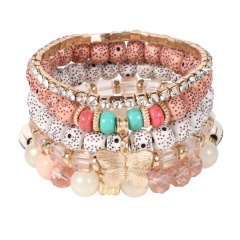 5PCS/Set Charm Beads With Crystal Elastic Bracelet Set Pink