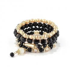 4PCS/Set Charm Beads With Crystal Elastic Bracelet Set Black