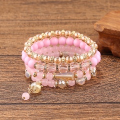 4PCS/Set Charm Beads With Crystal Elastic Bracelet Set Pink