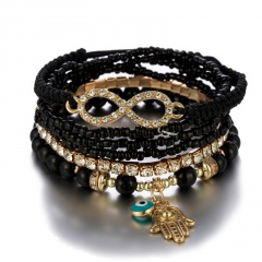 6PCS/Set Charm Beads With Inlaid Rhinestone Elastic Bracelet Set Black