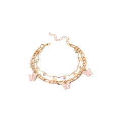 Inlay Rhinestone Gold Chain Butterfly Anklet Pink