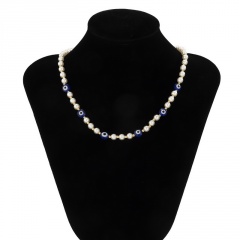 White Pearl With Blue Evil Eye Beads Necklace 40cm Gold Clasp