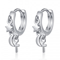 Cross Star Moon Tassel Copper Earrings 2*1.4cm Silver