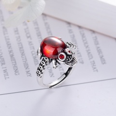 Inlaid Red Gemstone Pixiu Retro Silver Open Ring Red