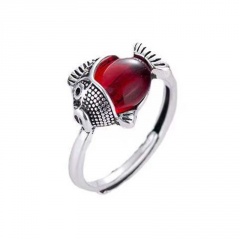 Inlaid Red Gemstone Koi Retro Silver Open Ring Red