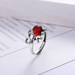 Inlaid Red Gemstone Elephant Retro Silver Open Ring Red