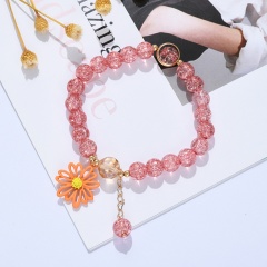Color Crystal Bead With Daisy Elastic Bracelet Red