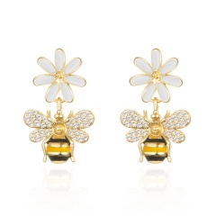 Copper Inlay CZ Bee Gold Earrings White