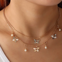 2PCS/Set Butterfly Pearl Charm Necklace 39.5+4.5cm Gold
