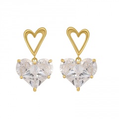 Heart Inlaid Crystal Dangling Earring Gold