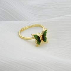 Rotatable Color Butterfly Gold Adjustable Opening Ring Green