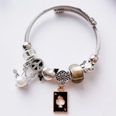 Inlay Rhinestone DIY Retro Beads stainless Steel Open Bracelet Black