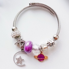 Inlay Rhinestone DIY Retro Beads stainless Steel Open Bracelet Purple